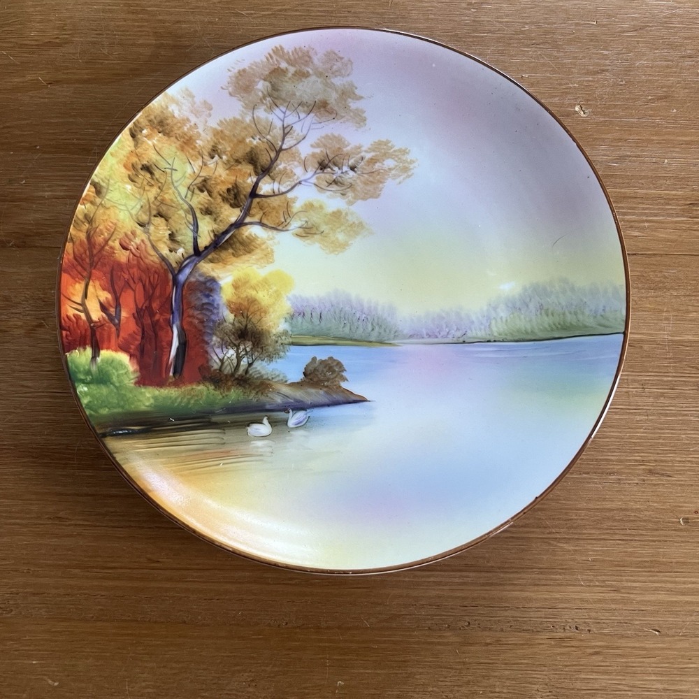 Noritake Hand Painted Scenic Plate Japan Lake Trees Gold Rim 7.5" Lake Landscape